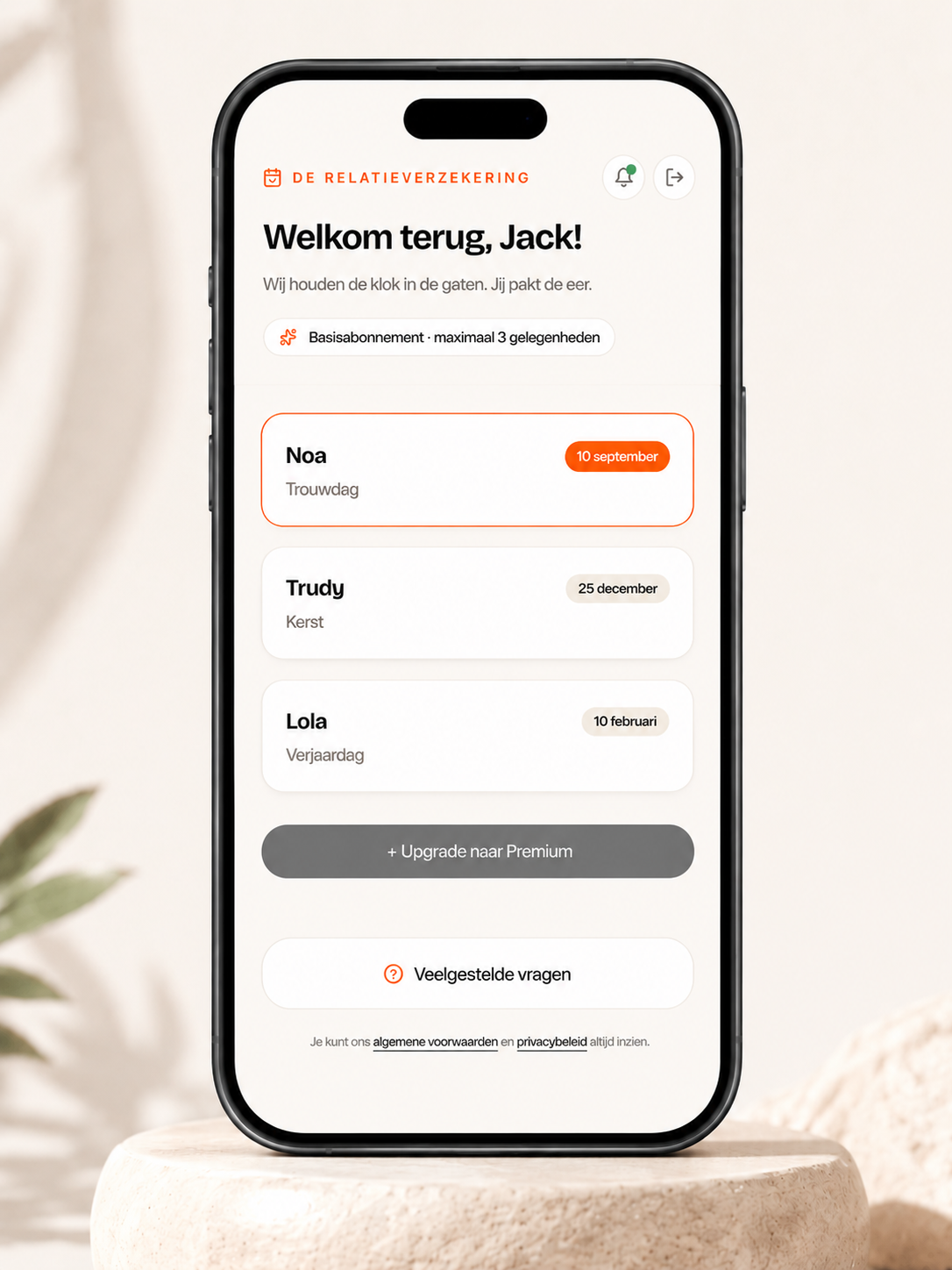Dashboard voorbeeld van de Relatieverzekering app